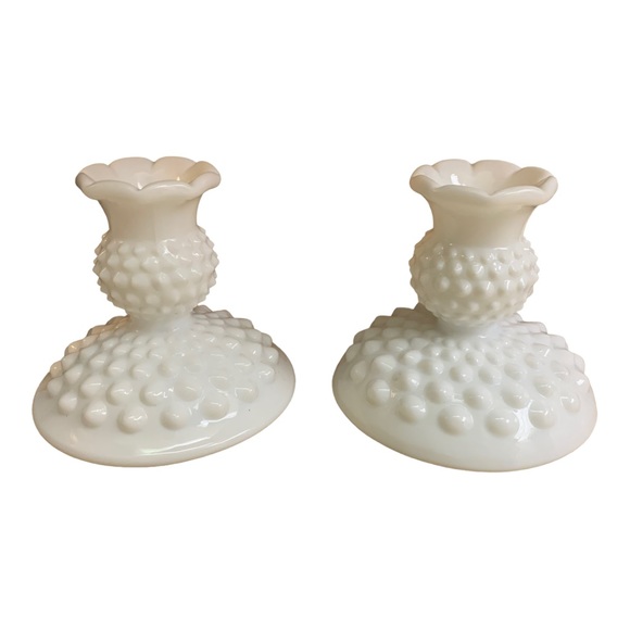 VTG Fenton Hobnob Milk Glass Ceramic Candlestick Holders Pair Collectible Chic - Picture 9 of 9